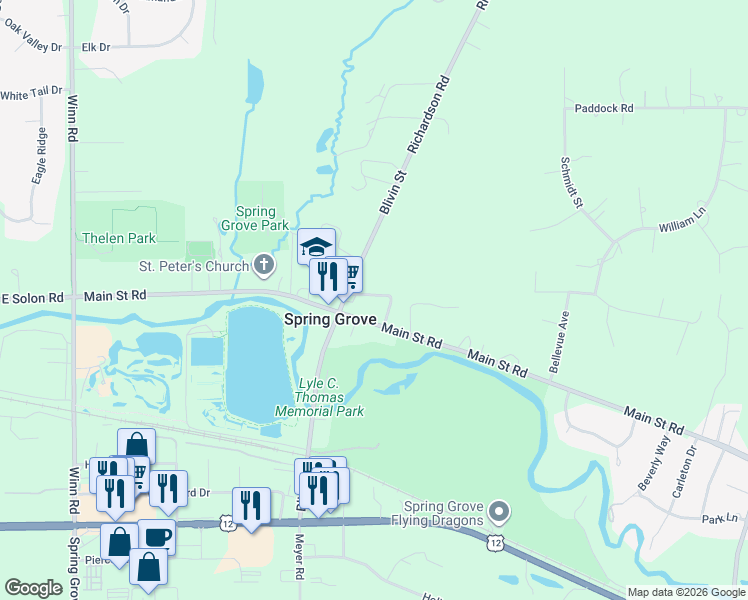 map of restaurants, bars, coffee shops, grocery stores, and more near 1905 North Street in Spring Grove