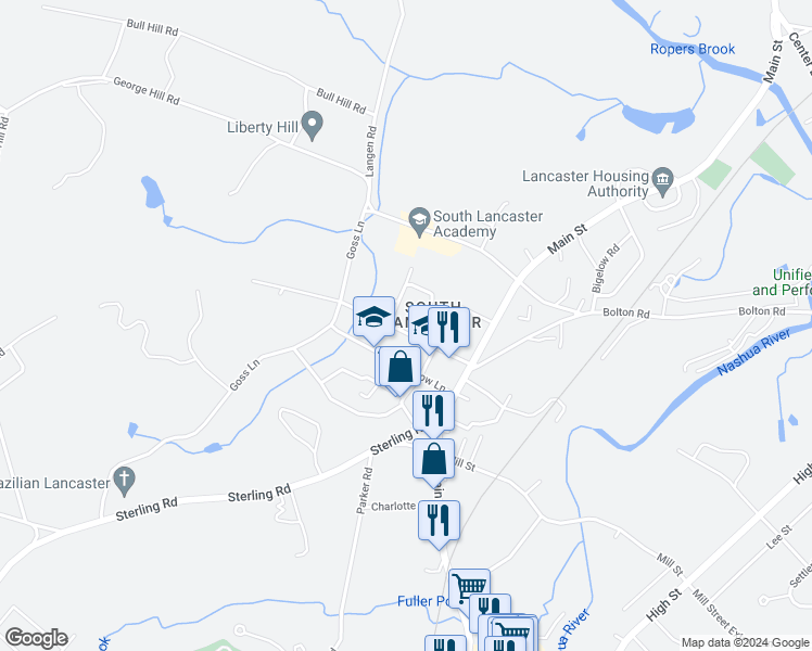 map of restaurants, bars, coffee shops, grocery stores, and more near 79 Prescott Street in Lancaster