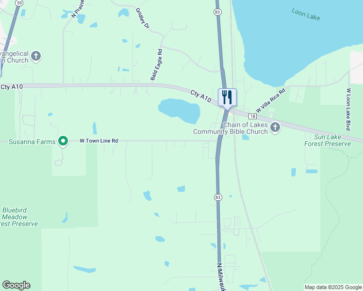 map of restaurants, bars, coffee shops, grocery stores, and more near 23595 Town Line Road in Lake Villa