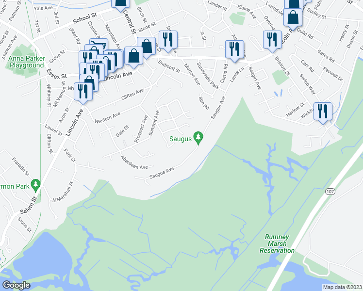 map of restaurants, bars, coffee shops, grocery stores, and more near 72 Aberdeen Avenue in Saugus