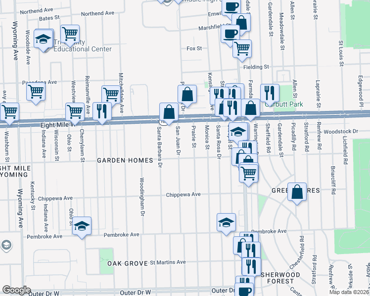 map of restaurants, bars, coffee shops, grocery stores, and more near 20425 Prairie Street in Detroit
