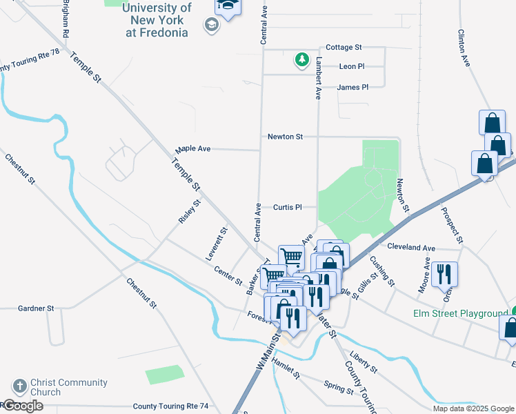 map of restaurants, bars, coffee shops, grocery stores, and more near Central Avenue & Curtis Place in Fredonia