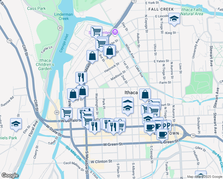 map of restaurants, bars, coffee shops, grocery stores, and more near 514 North Plain Street in Ithaca