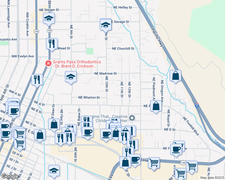 map of restaurants, bars, coffee shops, grocery stores, and more near 811 Northeast 10th Street in Grants Pass