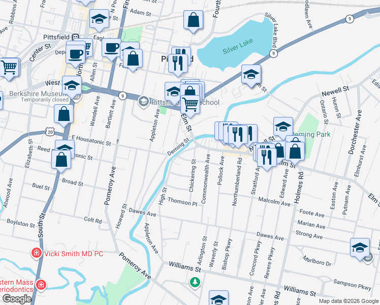 map of restaurants, bars, coffee shops, grocery stores, and more near 1-23 Massachusetts Avenue in Pittsfield