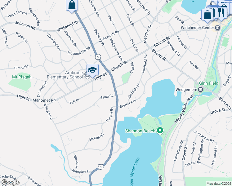 map of restaurants, bars, coffee shops, grocery stores, and more near 89 Cambridge Rd in Winchester