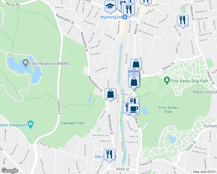 map of restaurants, bars, coffee shops, grocery stores, and more near 27 Pleasant Street in Melrose