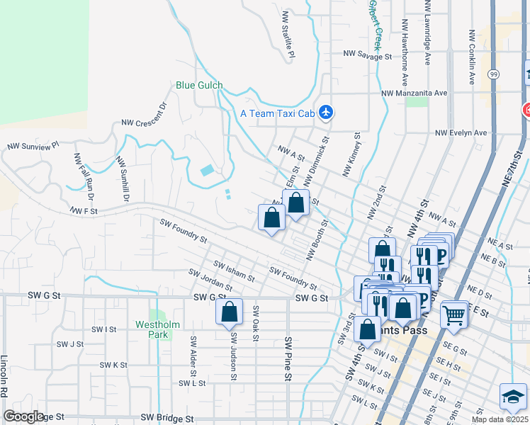 map of restaurants, bars, coffee shops, grocery stores, and more near 304 Northwest Elm Street in Grants Pass