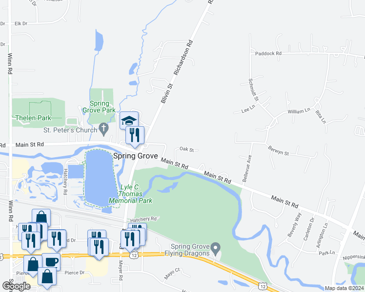 map of restaurants, bars, coffee shops, grocery stores, and more near 1710 Oak Street in Spring Grove