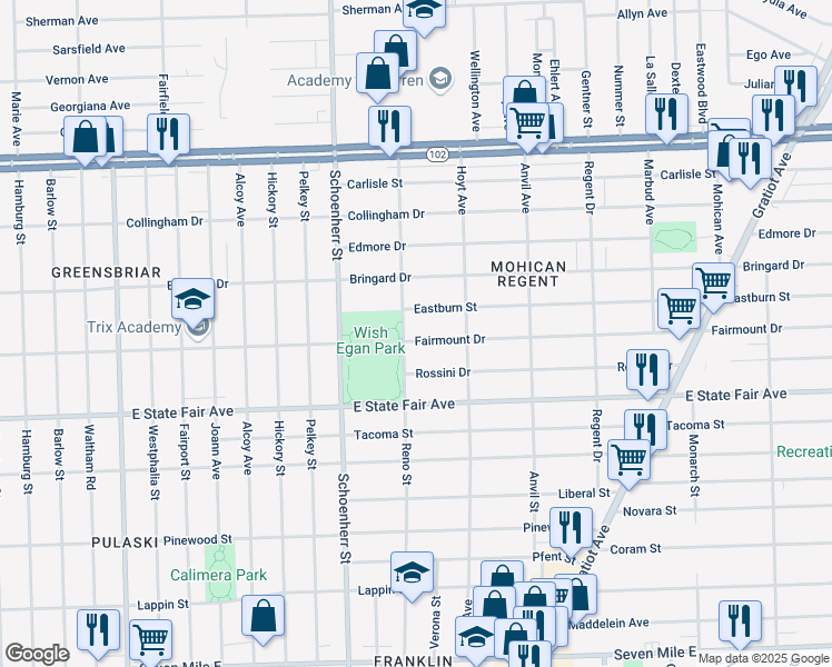 map of restaurants, bars, coffee shops, grocery stores, and more near 13821 Fairmount Drive in Detroit