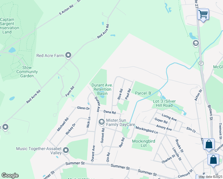 map of restaurants, bars, coffee shops, grocery stores, and more near 14 George Road in Maynard