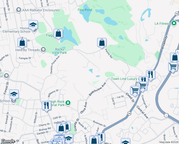 map of restaurants, bars, coffee shops, grocery stores, and more near 55-R Beachview Terrace in Malden