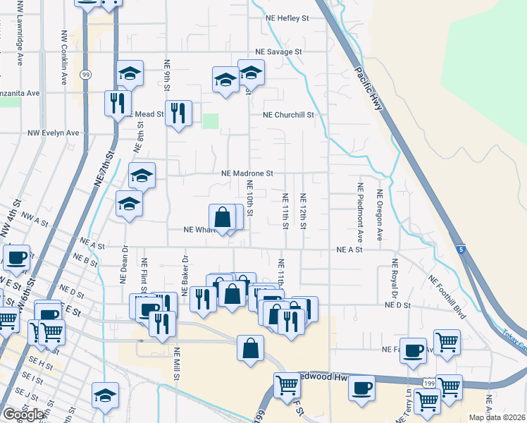 map of restaurants, bars, coffee shops, grocery stores, and more near 811 Northeast 10th Street in Grants Pass