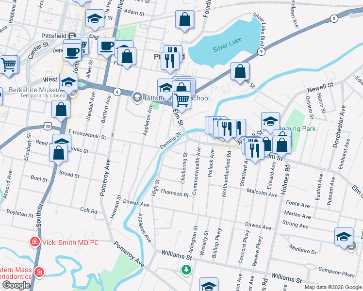 map of restaurants, bars, coffee shops, grocery stores, and more near 1-23 Massachusetts Avenue in Pittsfield