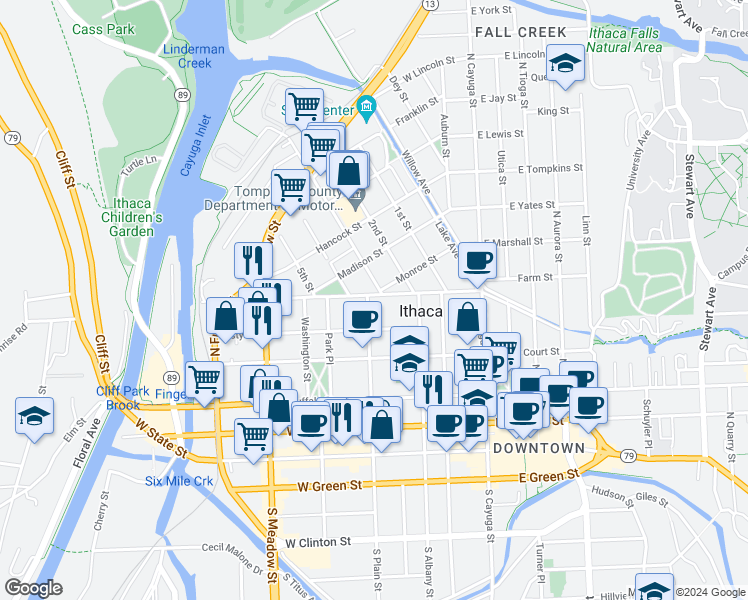 map of restaurants, bars, coffee shops, grocery stores, and more near 514 North Plain Street in Ithaca