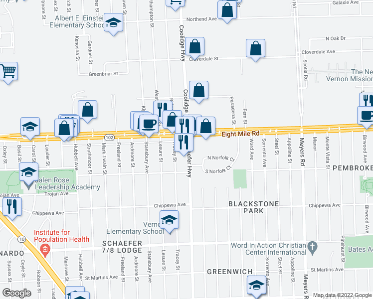 map of restaurants, bars, coffee shops, grocery stores, and more near 20461 Schaefer Highway in Detroit