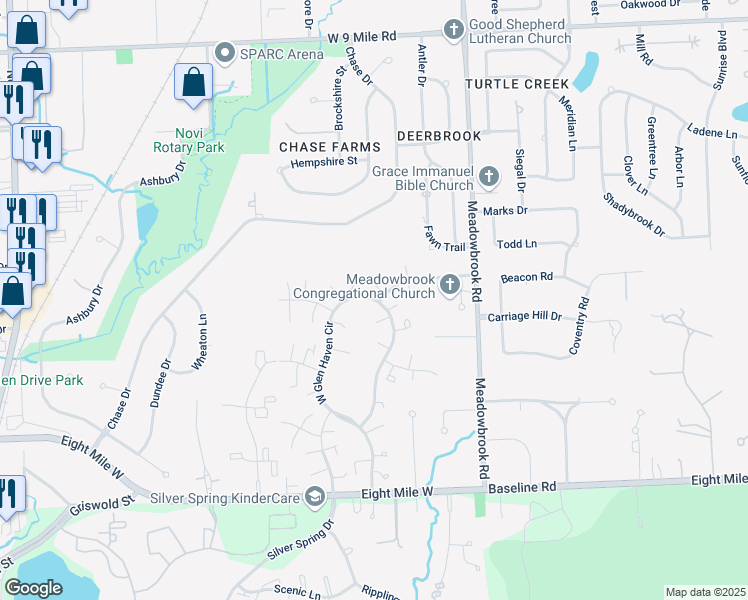 map of restaurants, bars, coffee shops, grocery stores, and more near 21382 East Glen Haven Circle in Northville