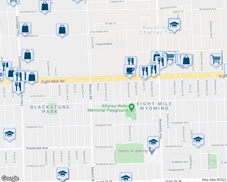 map of restaurants, bars, coffee shops, grocery stores, and more near 20477 Pinehurst Avenue in Detroit