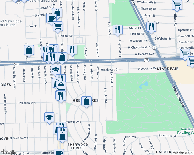 map of restaurants, bars, coffee shops, grocery stores, and more near 20400 Stratford Road in Detroit