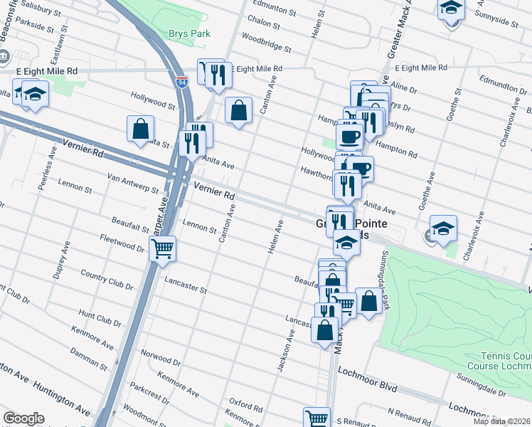 map of restaurants, bars, coffee shops, grocery stores, and more near 2156 Van Antwerp Street in Grosse Pointe Woods