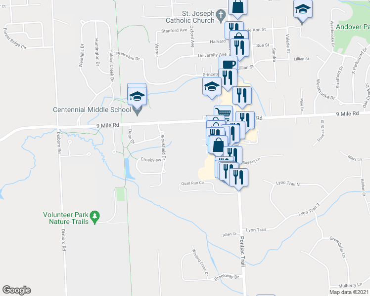 map of restaurants, bars, coffee shops, grocery stores, and more near 22260 Swan Street in South Lyon