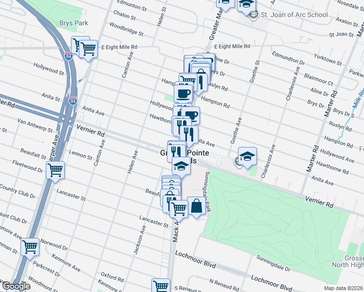 map of restaurants, bars, coffee shops, grocery stores, and more near 20725 Mack Avenue in Grosse Pointe Woods