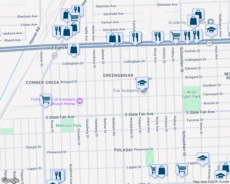 map of restaurants, bars, coffee shops, grocery stores, and more near 20034 Waltham Street in Detroit