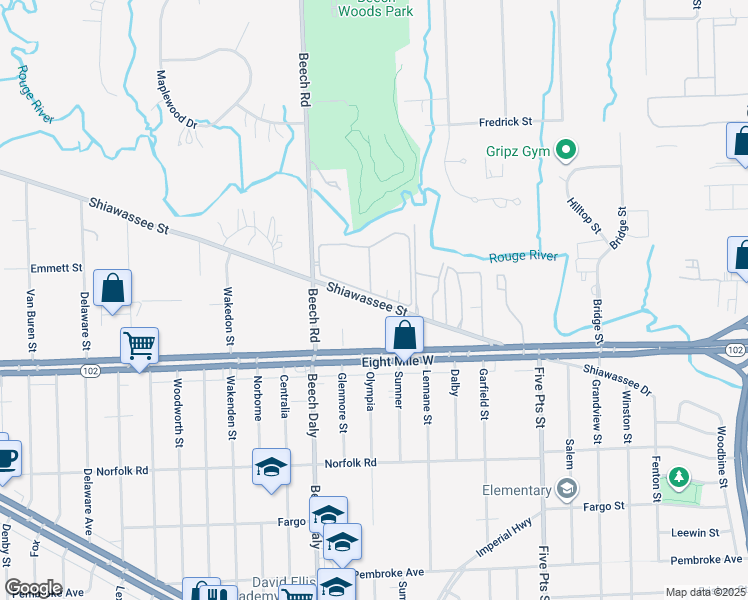 map of restaurants, bars, coffee shops, grocery stores, and more near 25532 Shiawassee Street in Southfield