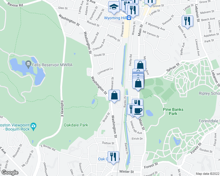 map of restaurants, bars, coffee shops, grocery stores, and more near 66 Pleasant Street in Melrose