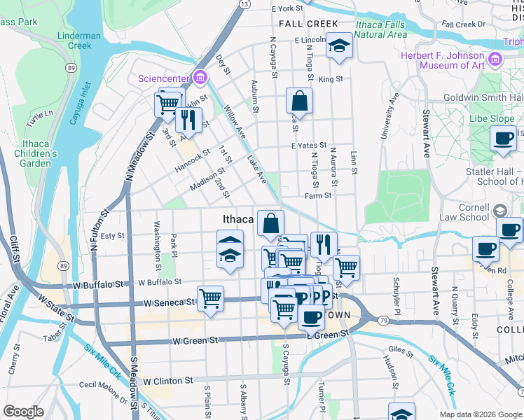 map of restaurants, bars, coffee shops, grocery stores, and more near 416-18 North Cayuga Street in Ithaca