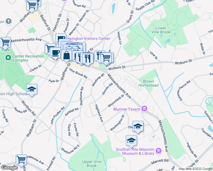 map of restaurants, bars, coffee shops, grocery stores, and more near 14 Slocum Road in Lexington