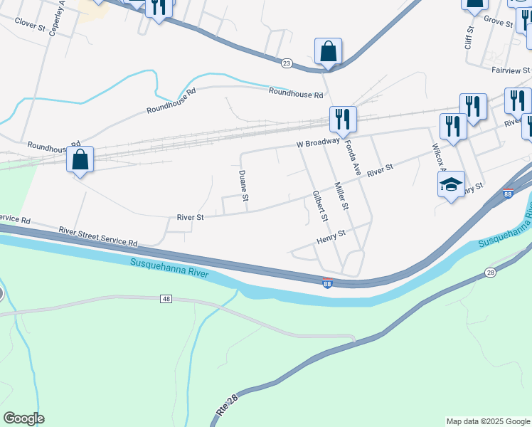 map of restaurants, bars, coffee shops, grocery stores, and more near 157 River Street in Oneonta