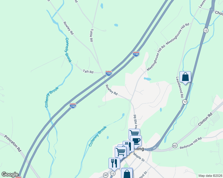 map of restaurants, bars, coffee shops, grocery stores, and more near 18 Rowley Hill Road in Sterling