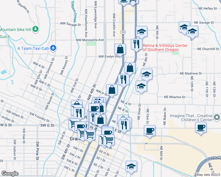 map of restaurants, bars, coffee shops, grocery stores, and more near 720 Northwest 6th Street in Grants Pass