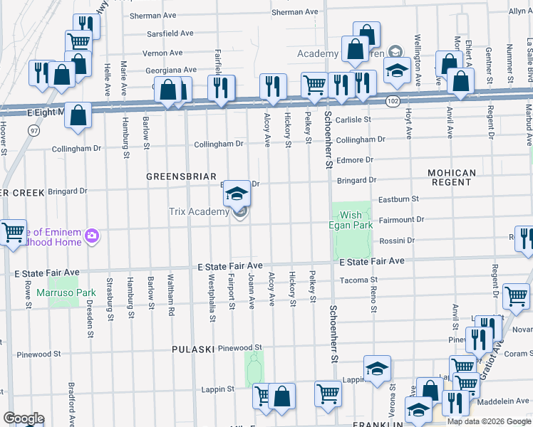 map of restaurants, bars, coffee shops, grocery stores, and more near 20000 Alcoy Avenue in Detroit
