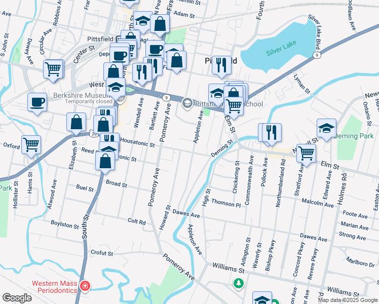 map of restaurants, bars, coffee shops, grocery stores, and more near 132 E Housatonic St in Pittsfield