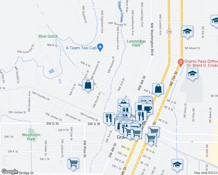 map of restaurants, bars, coffee shops, grocery stores, and more near 525 Northwest C Street in Grants Pass