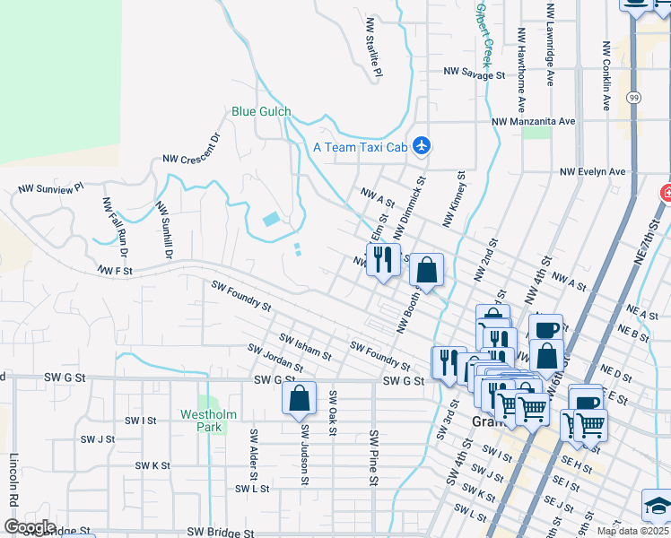 map of restaurants, bars, coffee shops, grocery stores, and more near 1109 Northwest E Street in Grants Pass