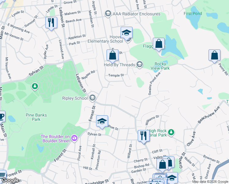 map of restaurants, bars, coffee shops, grocery stores, and more near 34 Bratley Street in Melrose