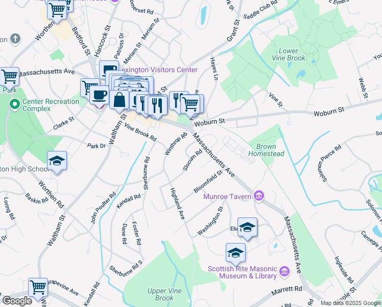 map of restaurants, bars, coffee shops, grocery stores, and more near 14 Slocum Road in Lexington