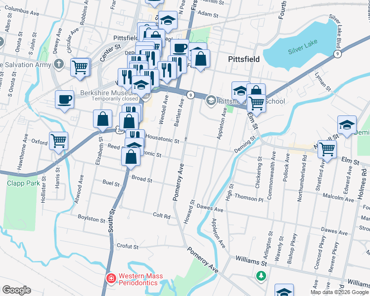 map of restaurants, bars, coffee shops, grocery stores, and more near 75 Taconic Street in Pittsfield