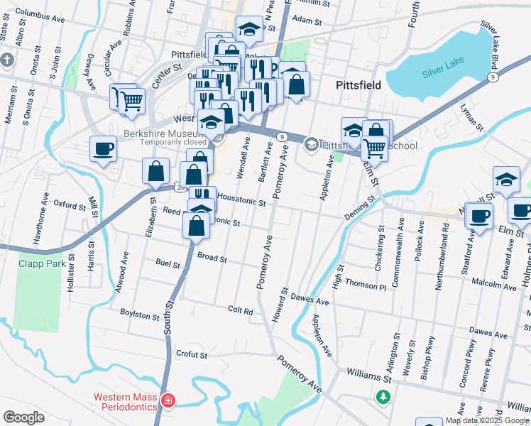 map of restaurants, bars, coffee shops, grocery stores, and more near 75 Taconic Street in Pittsfield