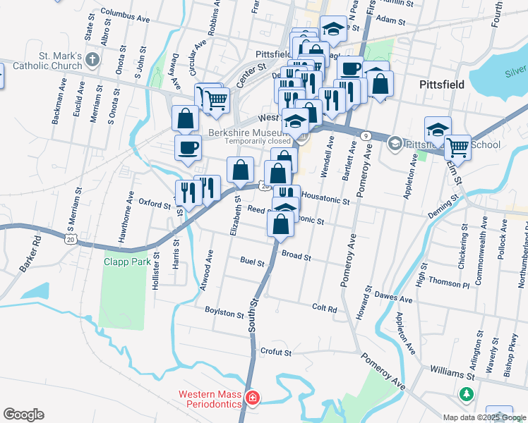 map of restaurants, bars, coffee shops, grocery stores, and more near 179 South Street in Pittsfield