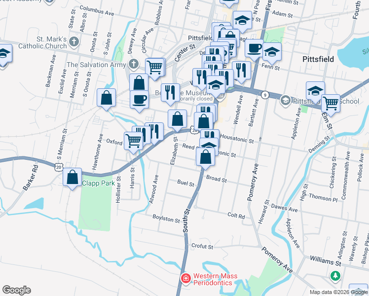 map of restaurants, bars, coffee shops, grocery stores, and more near 34 Clinton Avenue in Pittsfield