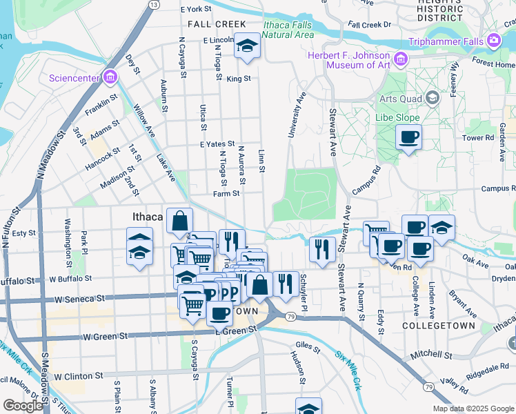 map of restaurants, bars, coffee shops, grocery stores, and more near 429 North Aurora Street in Ithaca
