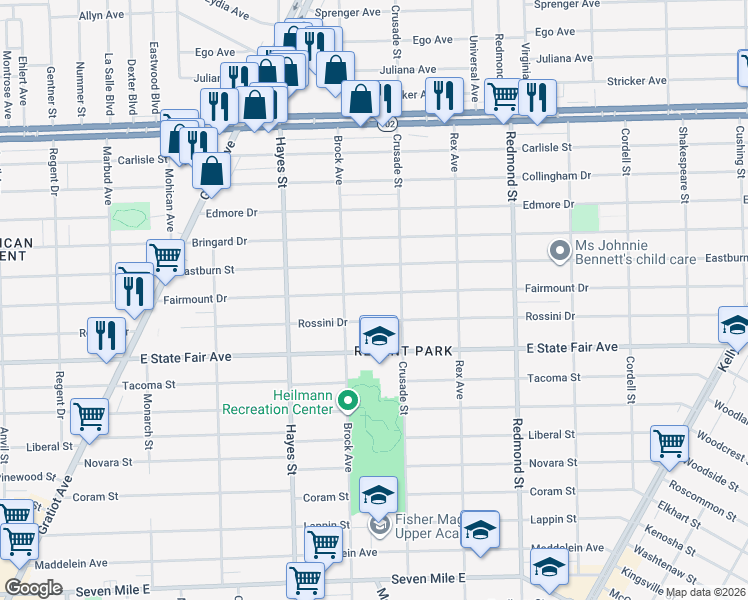 map of restaurants, bars, coffee shops, grocery stores, and more near 15461 Rossini Drive in Detroit