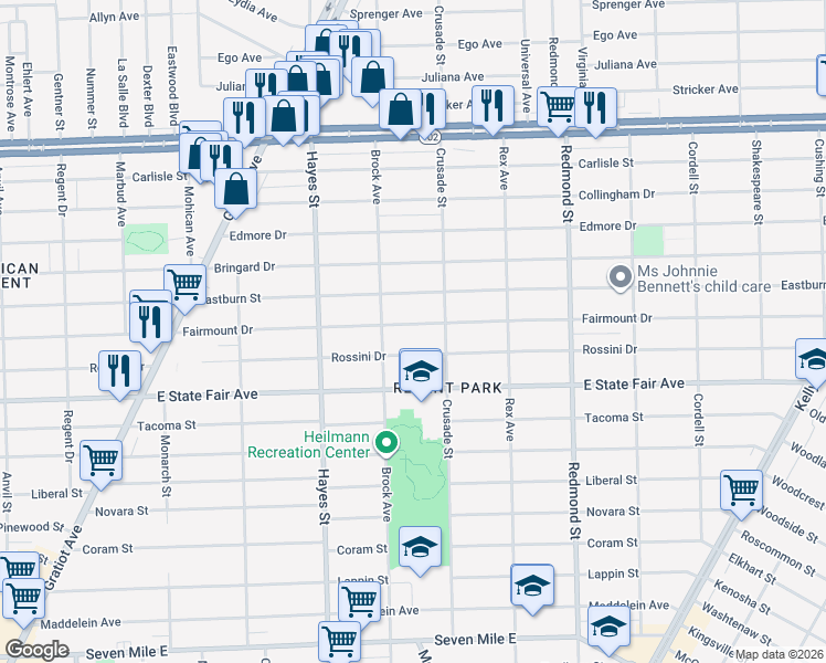 map of restaurants, bars, coffee shops, grocery stores, and more near 15461 Rossini Drive in Detroit