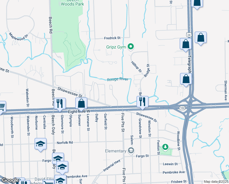 map of restaurants, bars, coffee shops, grocery stores, and more near 25112 Shiawassee Circle in Southfield
