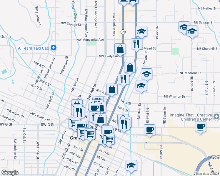 map of restaurants, bars, coffee shops, grocery stores, and more near 720 Northwest 6th Street in Grants Pass