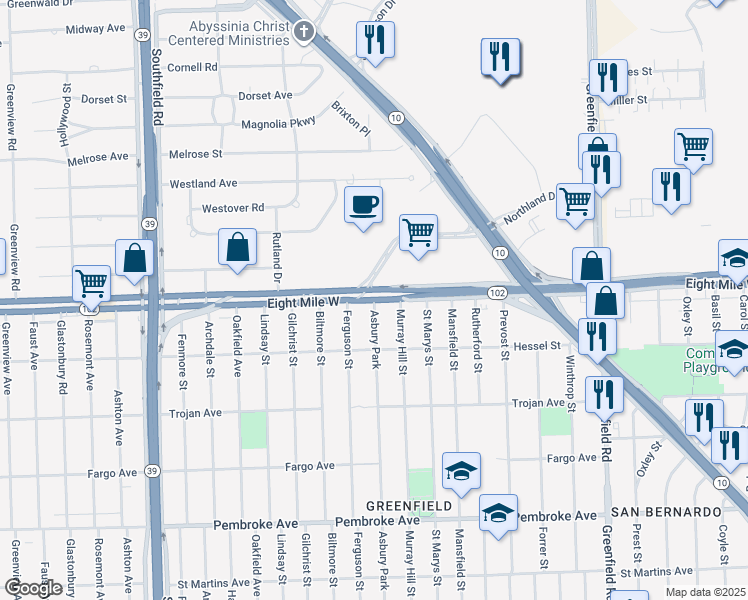 map of restaurants, bars, coffee shops, grocery stores, and more near W 8 Mile Rd & Asbury Park in Detroit